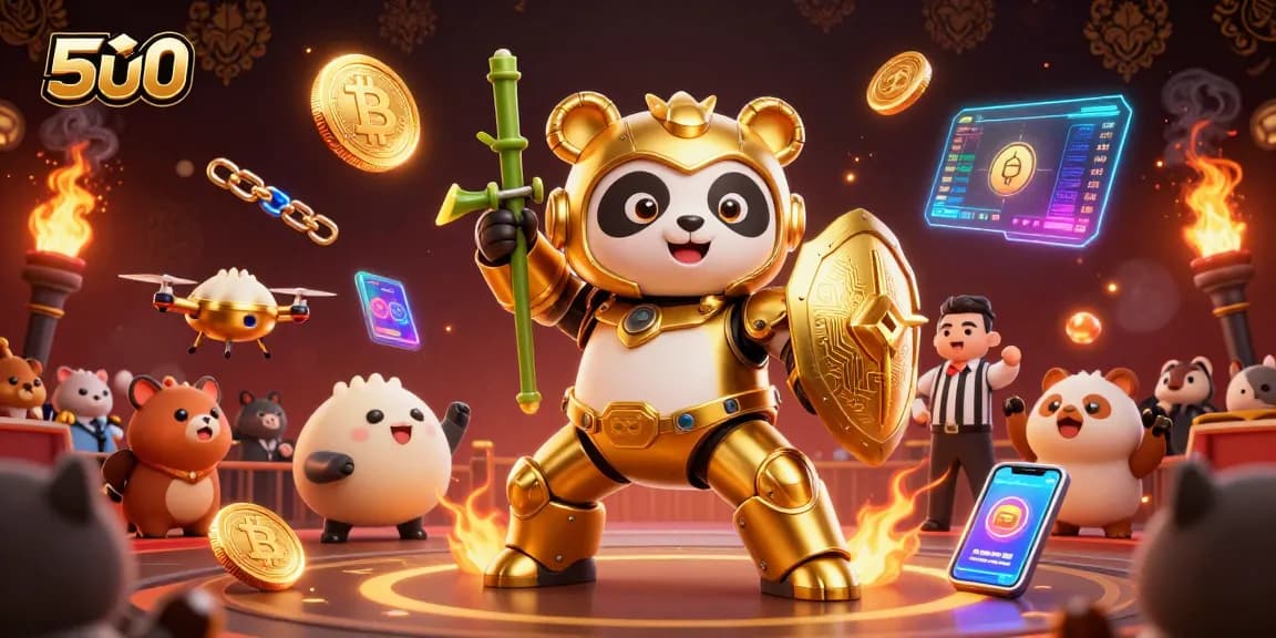 Experience thrilling action in 5u0's vibrant online casino with dynamic 3D characters and cryptocurrency elements.