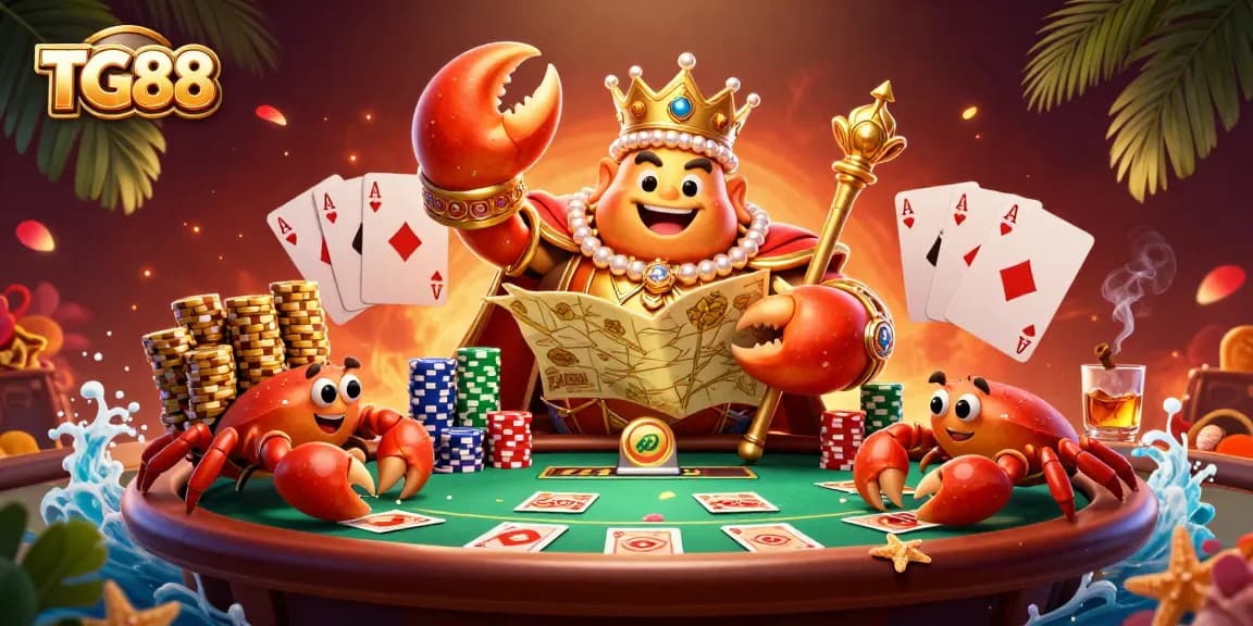 TG88 showcases a vibrant scene with the golden crab emperor at a lively poker table, illustrating high-stakes excitement.