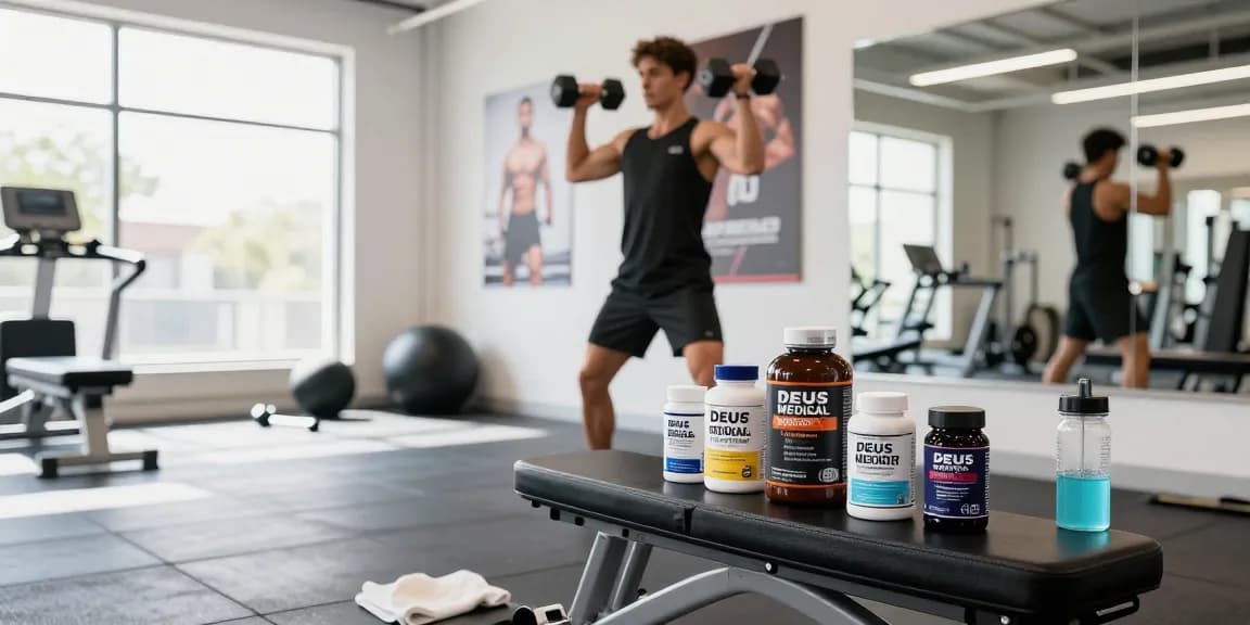 Sportler mit Deus Medical Produkten im Fitnessstudio bei Krafttraining.