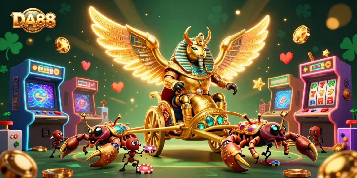 Join the excitement at DA88 with a vibrant scene of casino adventures featuring a golden scarab and gaming elements.