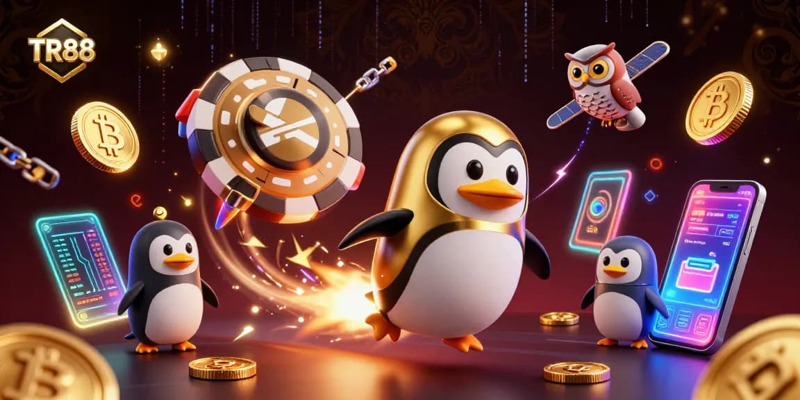 Experience thrilling gaming at TR88, featuring a golden penguin in space amidst casino elements.
