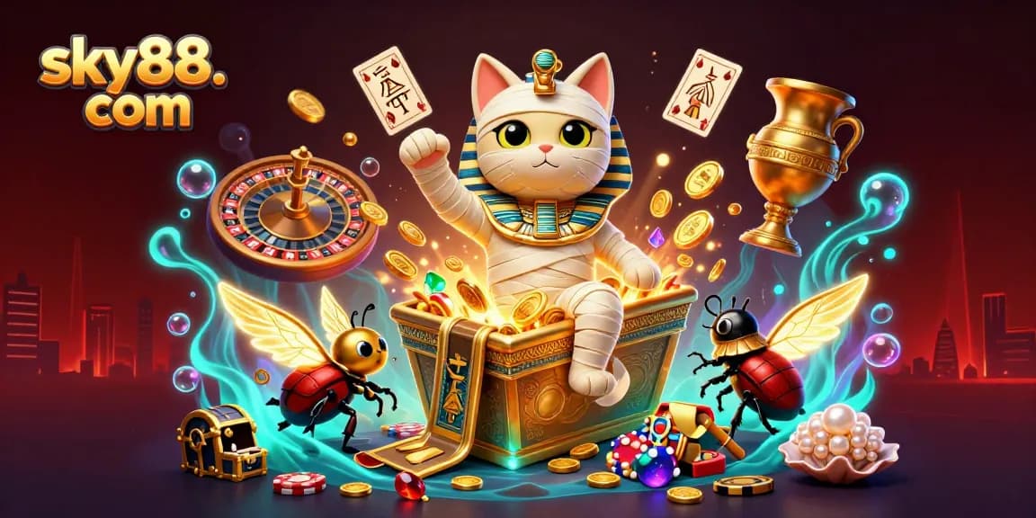 Engage with thrilling gameplay visuals at sky88. com featuring a mummy cat, a scarab, and slot elements!