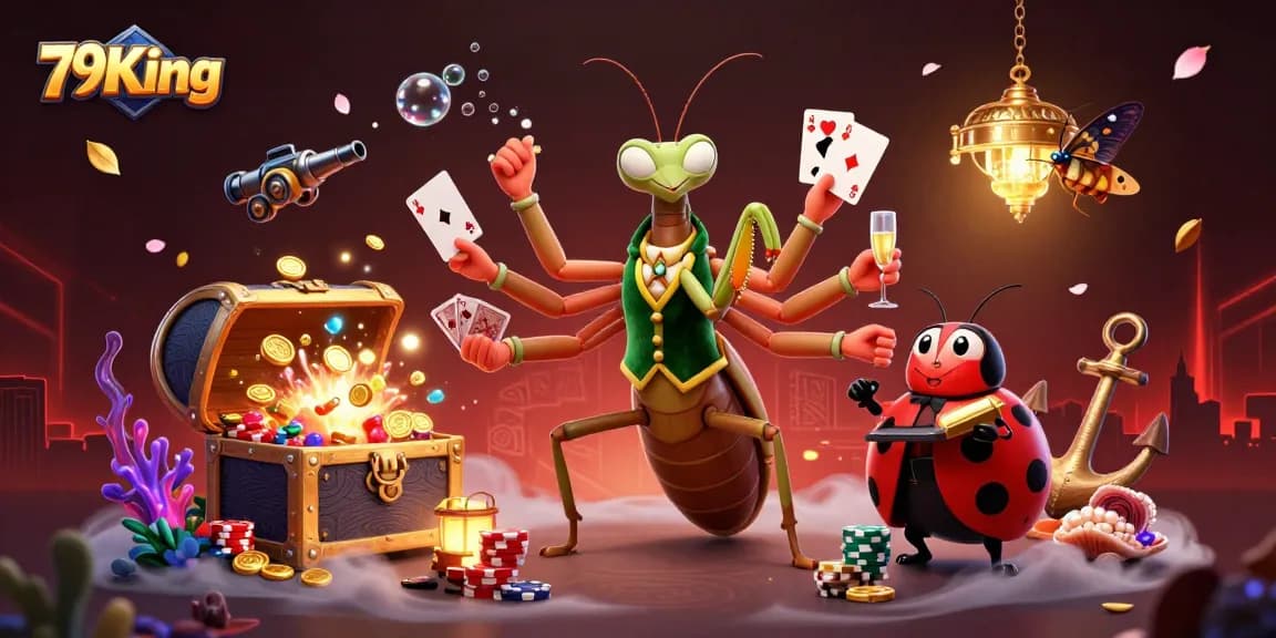 79King champions thrilling card games with a vibrant casino scene bursting with gold coins and gems.