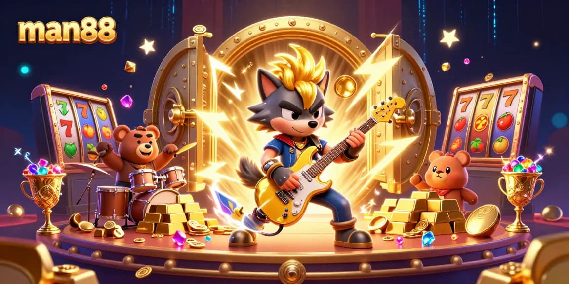 Experience thrilling wins at man88 with cartoon rock star wolf and vibrant slot reels.