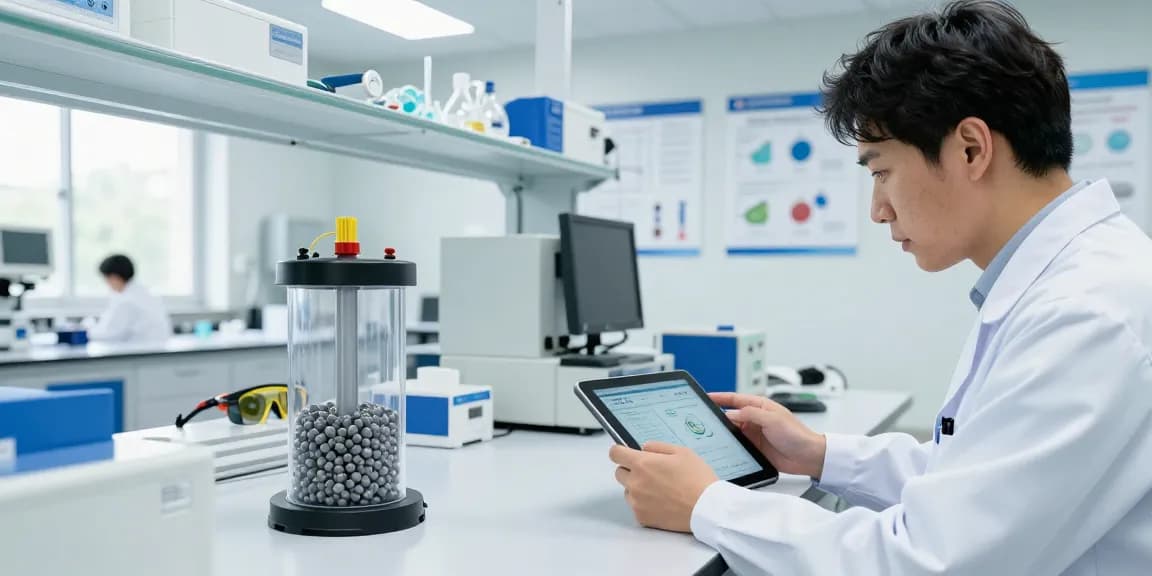 CO Gasfilter und Hopcalite-Pellets in Laborumgebung, Wissenschaftler analysiert Daten.
