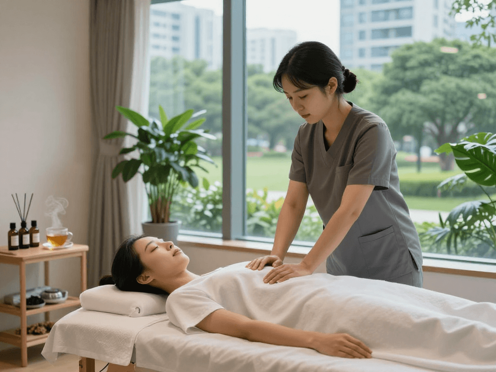 Relaxing 서울출장마사지 in a serene wellness center with professional therapist and calming atmosphere.