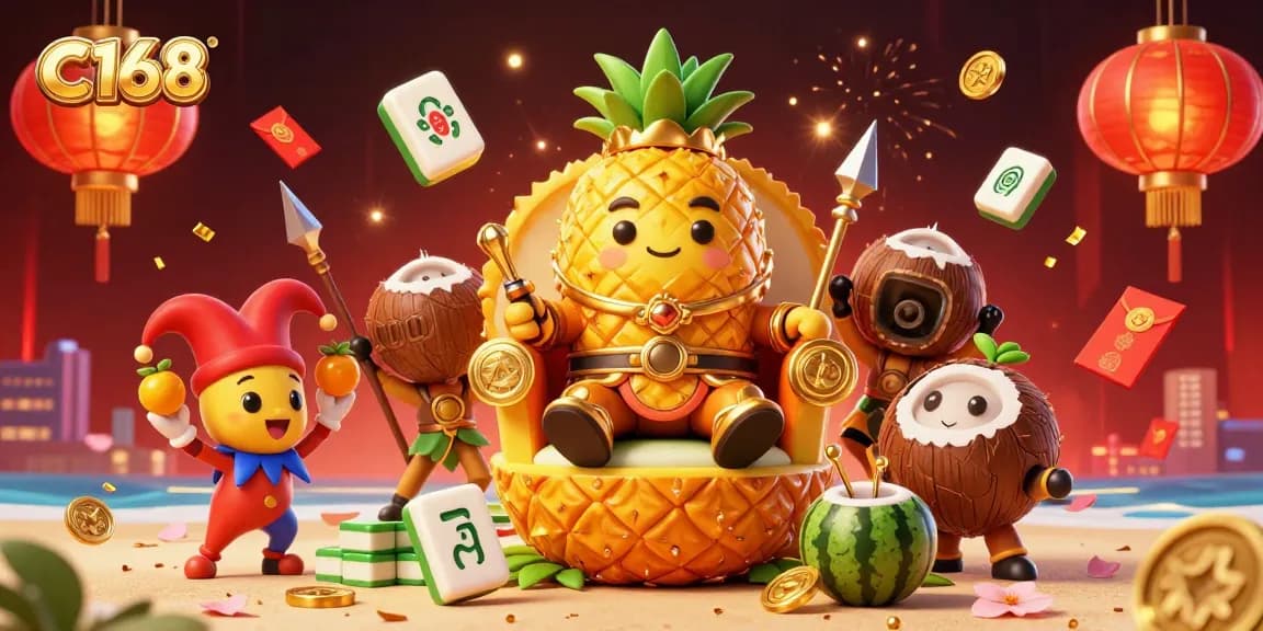 C168 celebrates thrilling gameplay featuring a golden pineapple king and lively casino elements.