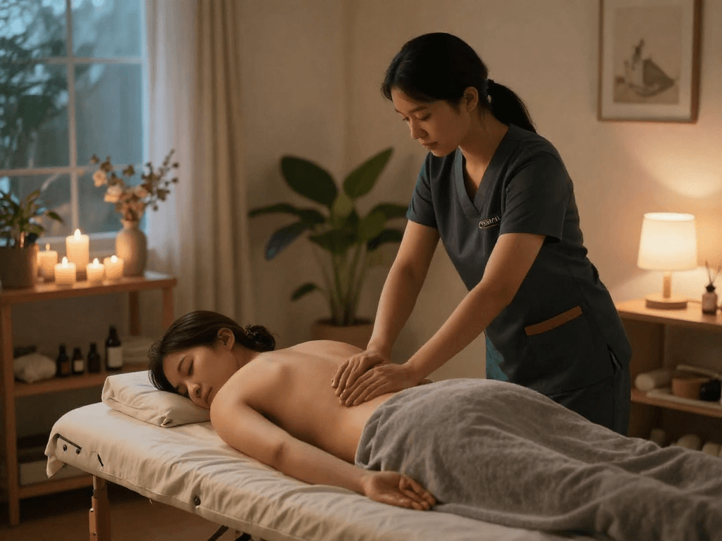 Relaxing 출장마사지 session in a serene home environment.