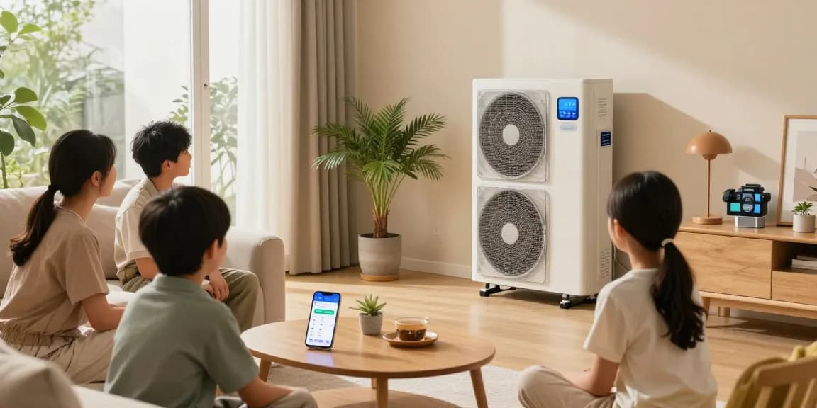 Family enjoying the comfort of a wärmepumpe bosch heat pump in a modern living room with smart home integration.