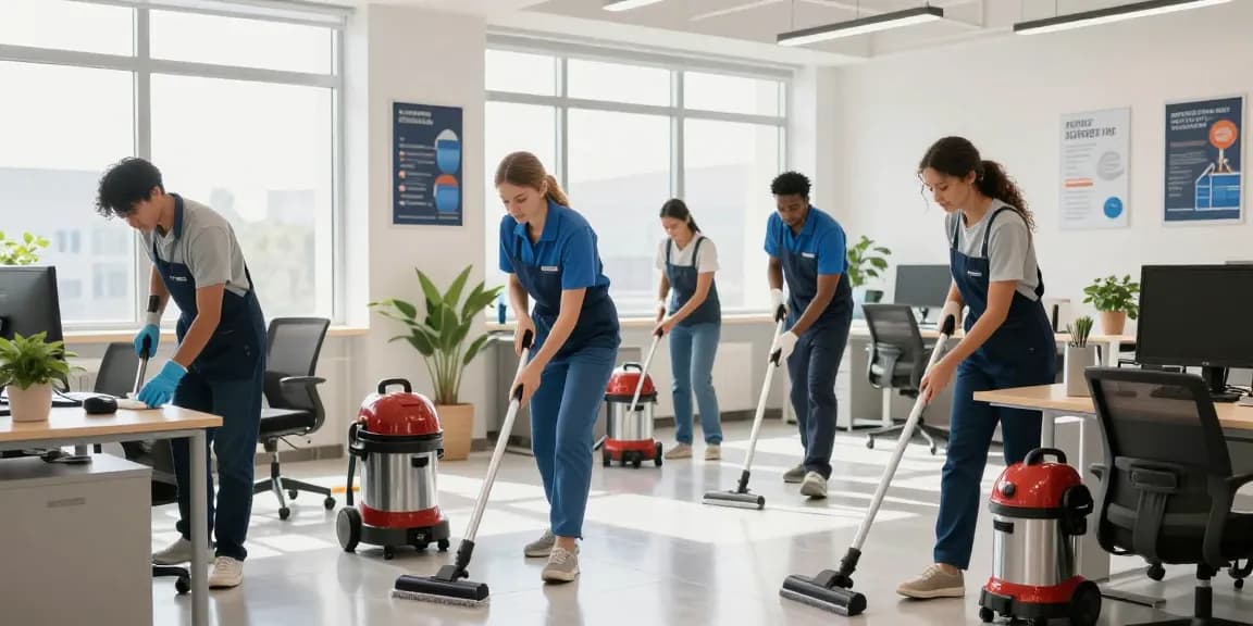 Professionelle Unterhaltsreinigung Hannover in einem modernen Büro mit einem engagierten Reinigungsteam, das für Sauberkeit sorgt.
