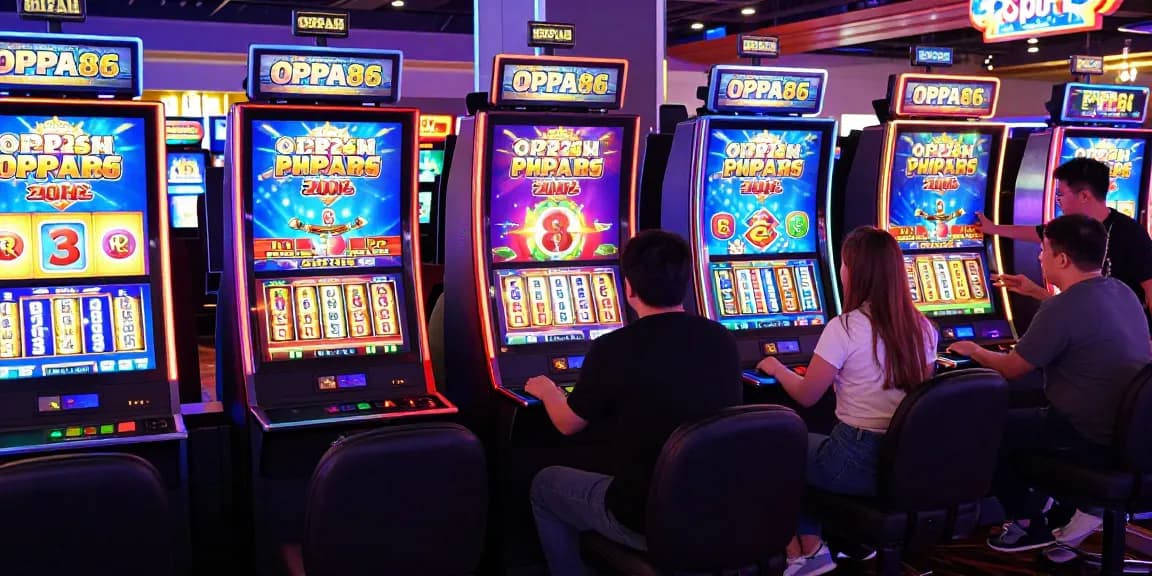 Exciting OPPA86 online casino gaming scene with thrilled players enjoying colorful slot machines.