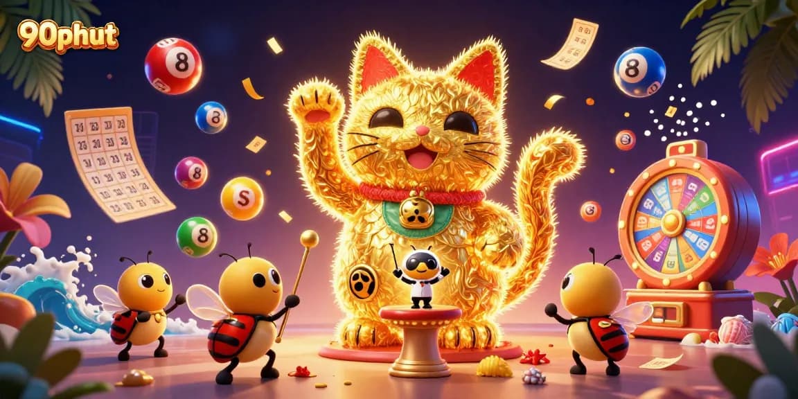 Catch 90phut's giant lucky cat in a dazzling casino-themed scene filled with vibrant elements.