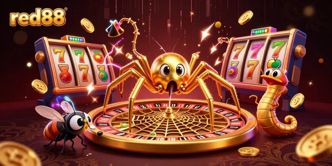 Bet on red88 with golden spider and centipede croupier in a vibrant 3D casino scene.