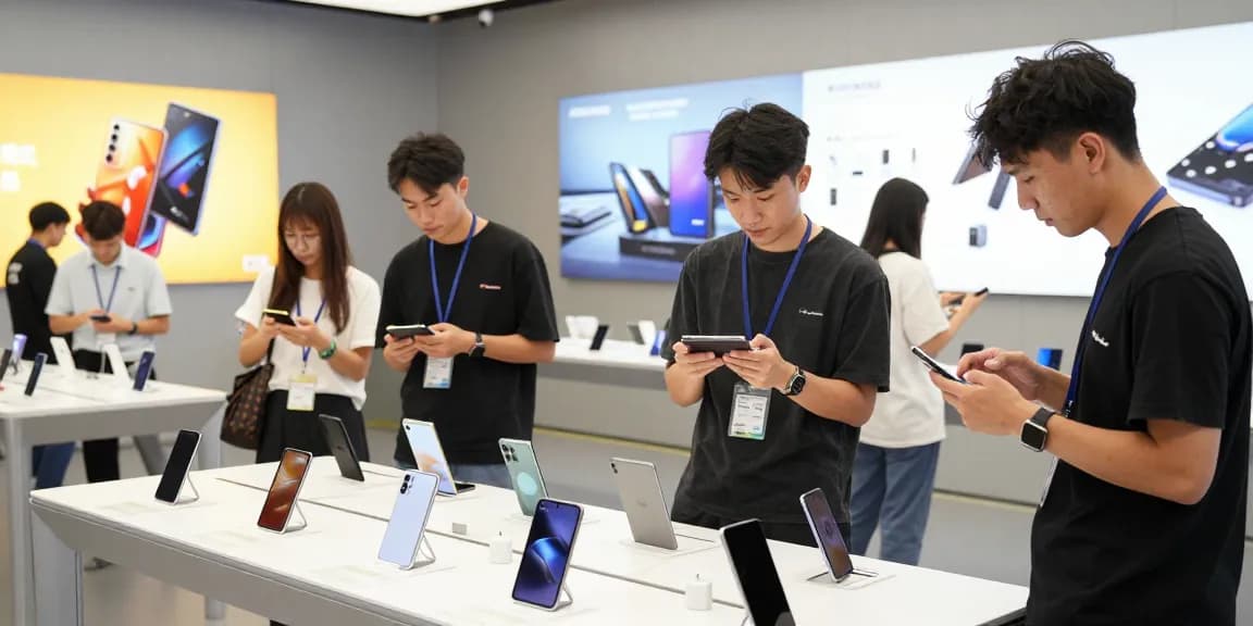 Exploring innovative foldable phones 2026 in a vibrant tech showroom with enthusiastic tech lovers.