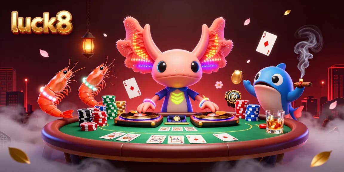 Experience luck8's vibrant casino atmosphere with a neon axolotl DJ and energetic sea creatures.