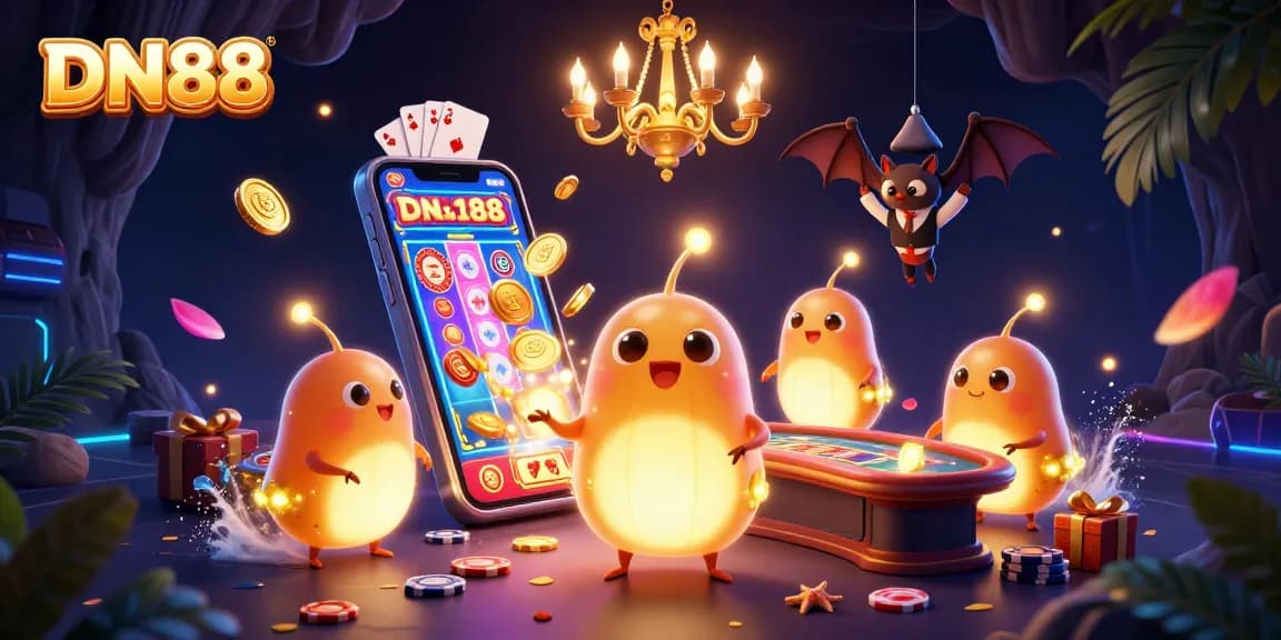 Experience exciting gameplay at DN88 with animated glowworms illuminating a vibrant casino.
