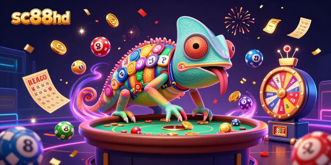 Engage with sc88hd as the chameleon casino owner celebrates wins amidst colorful lottery and gaming elements.