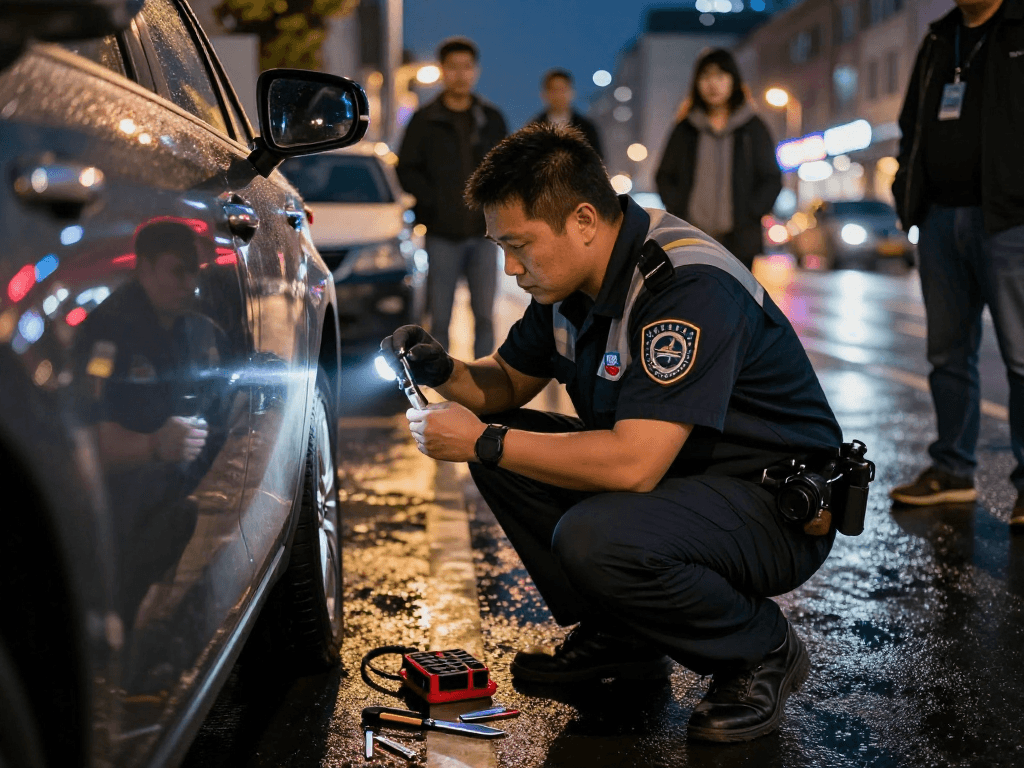 Emergency locksmith near me assisting with a car lockout on a busy street at night