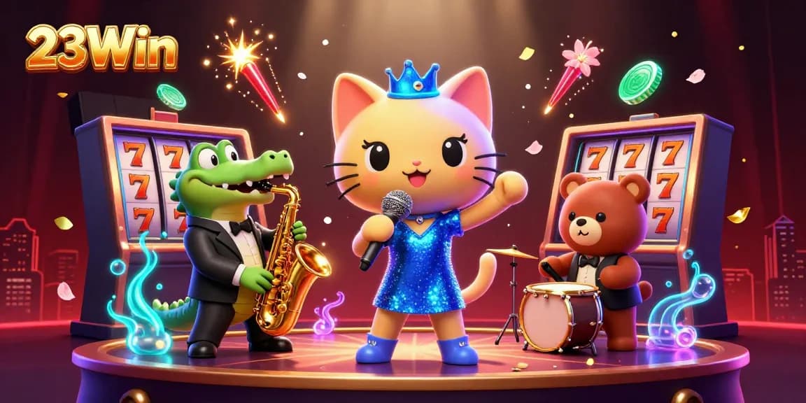 Experience winning moments at 23Win with lively casino characters in a vibrant 3D scene.