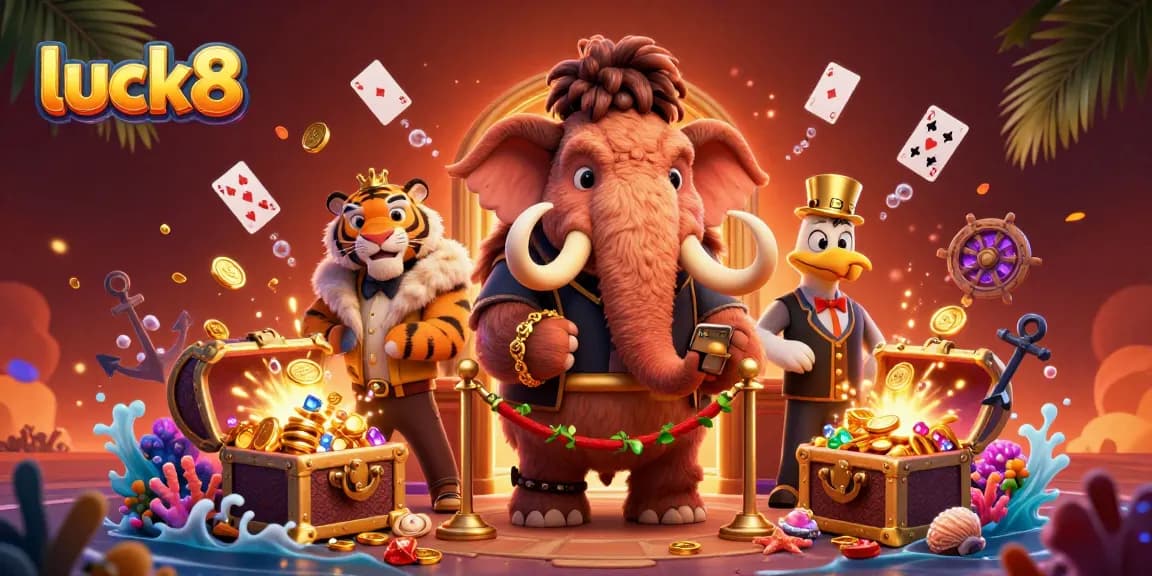 Experience the excitement of luck8 with a vibrant 3D illustration of a casino bouncer and VIP guest in a dynamic scene.
