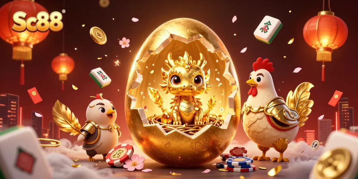 Play exciting games at Sc88, featuring a golden dragon on poker chips surrounded by vibrant casino elements.