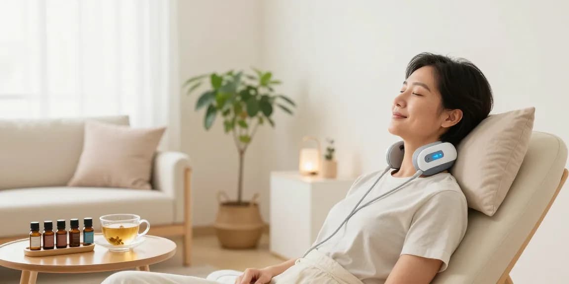 Relaxation scene featuring a user with a Vagusnervstimulation gerät testsieger device, promoting wellness and stress relief.