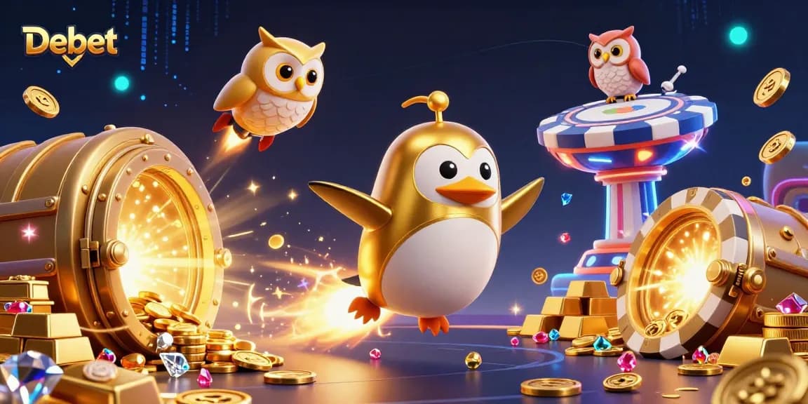 Debet's vibrant 3D illustration showcases a golden penguin and treasure at a casino.