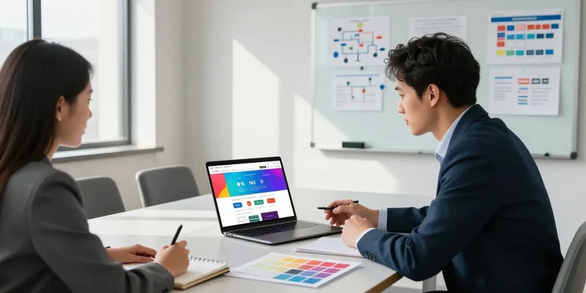 Web Design Berater, die modernen Website-Mockups einem kleinen Geschäftsinhaber in einem kollaborativen Meeting präsentieren.