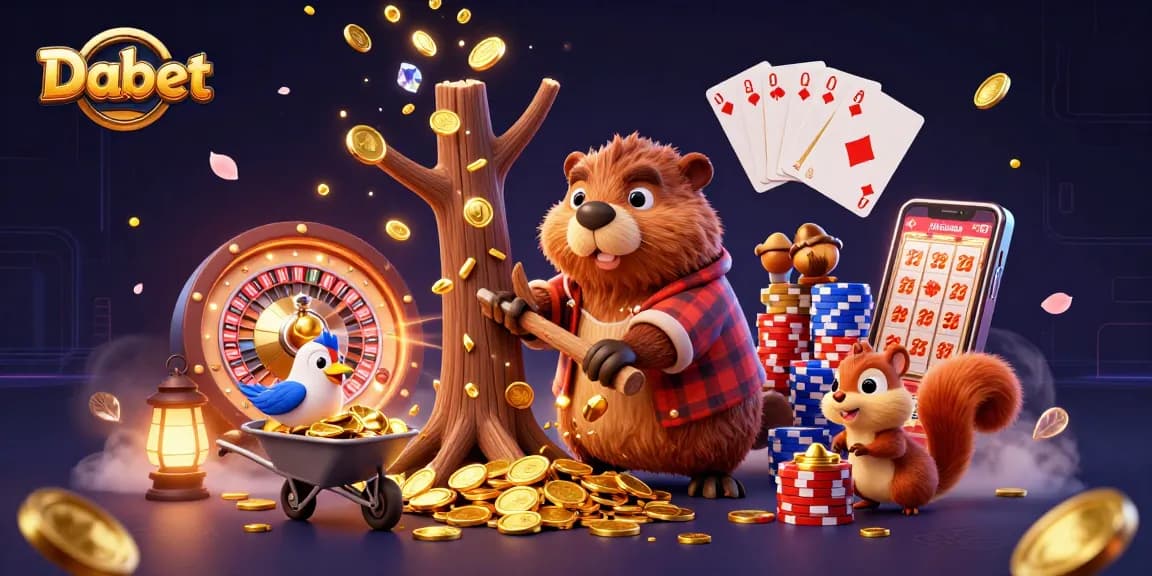 Dabet features a whimsical 3D scene with a lumberjack beaver and friends collecting coins, showcasing casino elements.