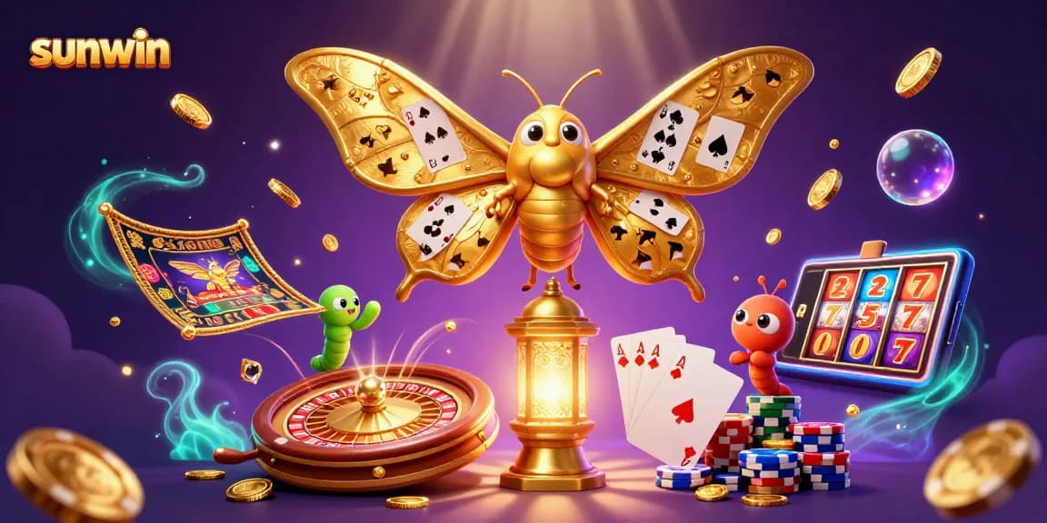 Experience the excitement of sunwin with golden gaming elements and a majestic atlas moth illustration.