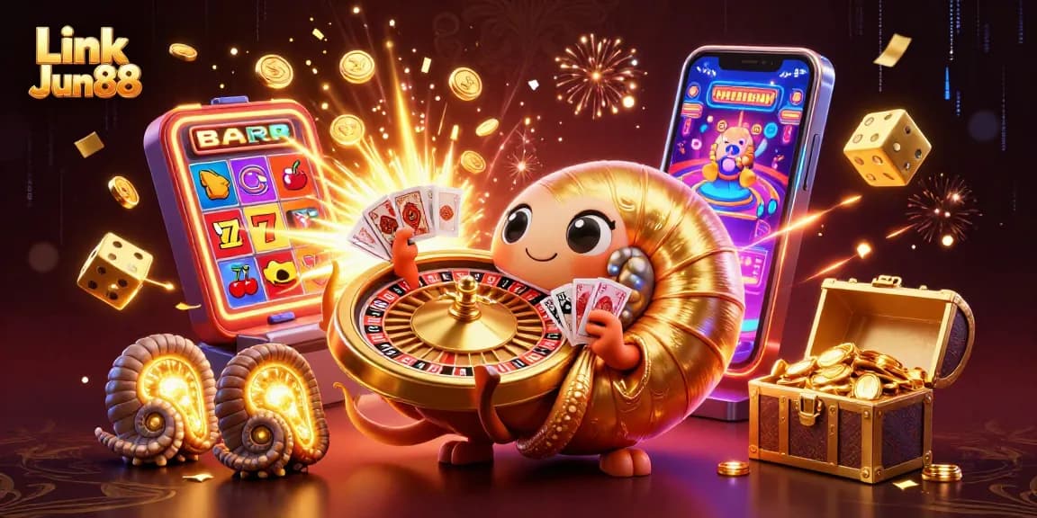 Experience the thrill of Link Jun88 with a 3D nautilus roulette wheel and vibrant casino elements.