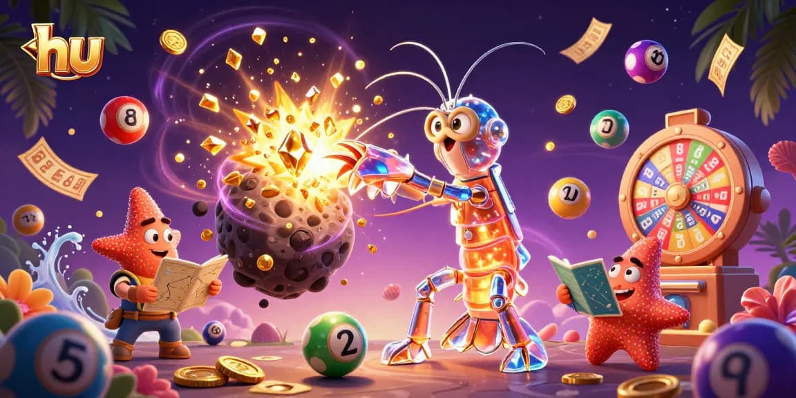 Win big with hu in a vibrant 3D casino scene featuring samurai mantis shrimp and colorful lottery elements.