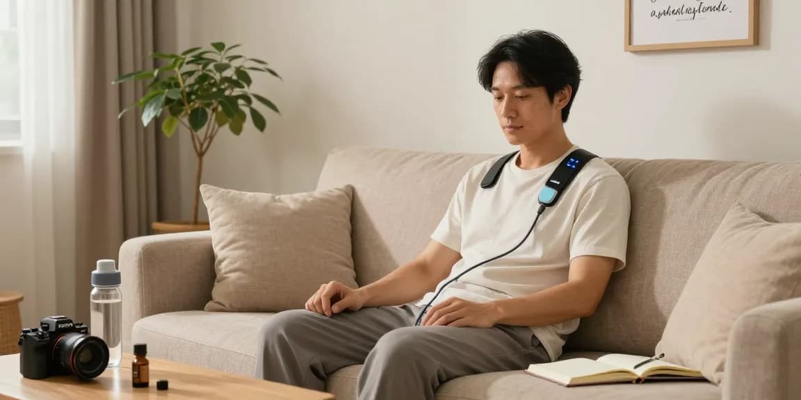 Vagusnervstimulation gerät testsieger in einer beruhigenden häuslichen Umgebung, die Entspannung und Wellness fördert.