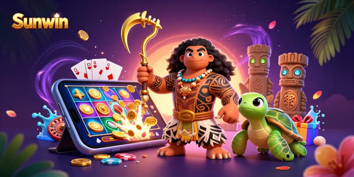 Spin the reels and win big with Sunwin in this vibrant casino illustration featuring exciting gaming elements.