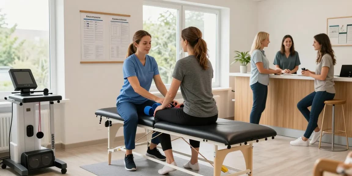 Physiotherapie in Hannover, Physiotherapeut behandelt Patienten in moderner Klinik.