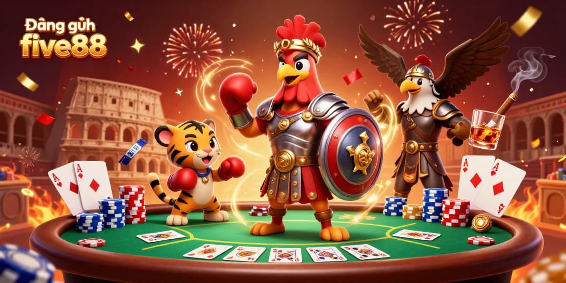 Engage in thrilling gameplay with Đăng ký five88, featuring a dynamic 3D cartoon illustration of colorful casino elements.