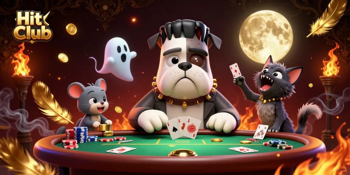Hit Club poker scene featuring a Frankenstein bulldog and werewolf kitten in a spooky setting