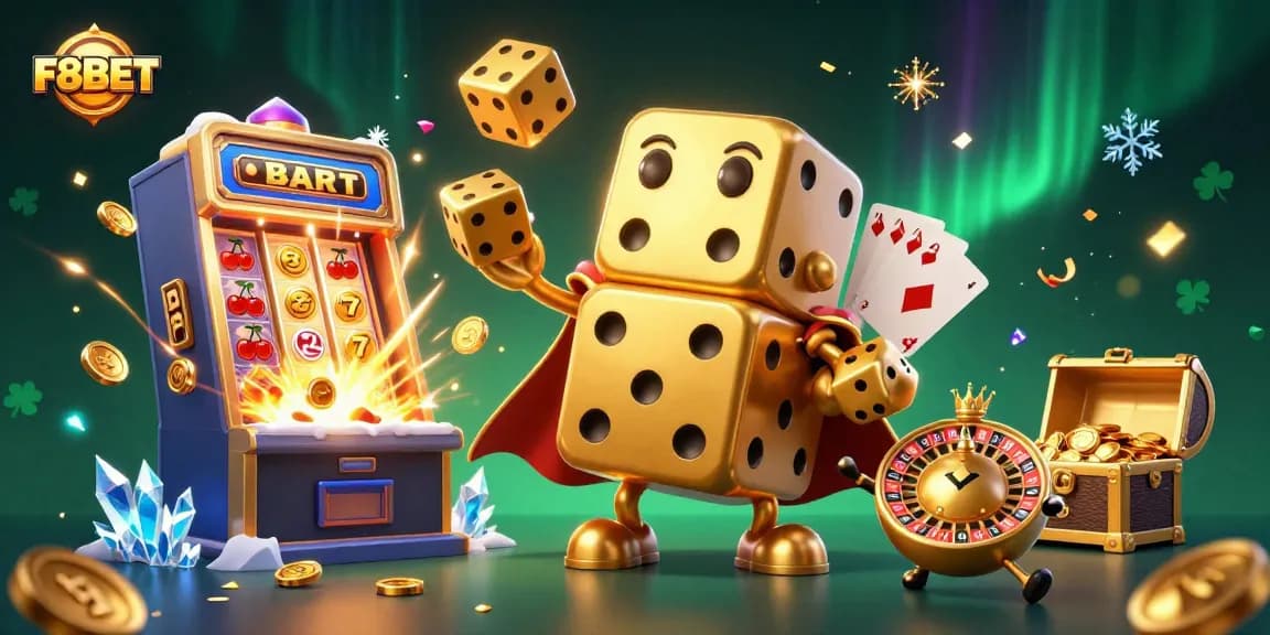 F8BET showcases a vibrant 3D illustration of a golden dice golem and casino elements, bringing excitement to online gambling.