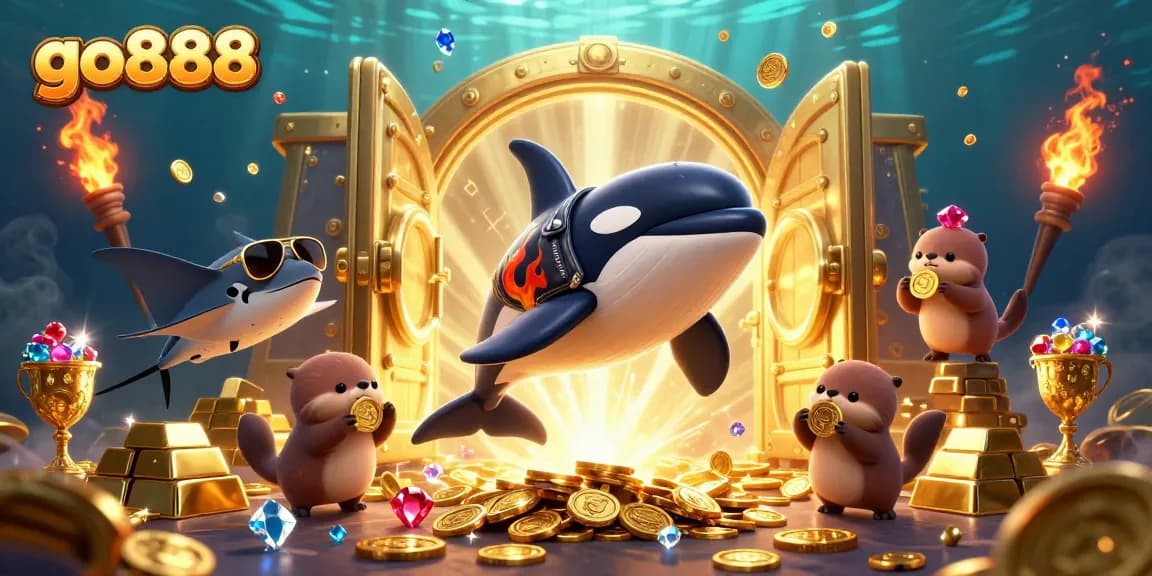 Engage in the excitement of go888 with a dynamic underwater casino scene featuring playful characters and treasures.