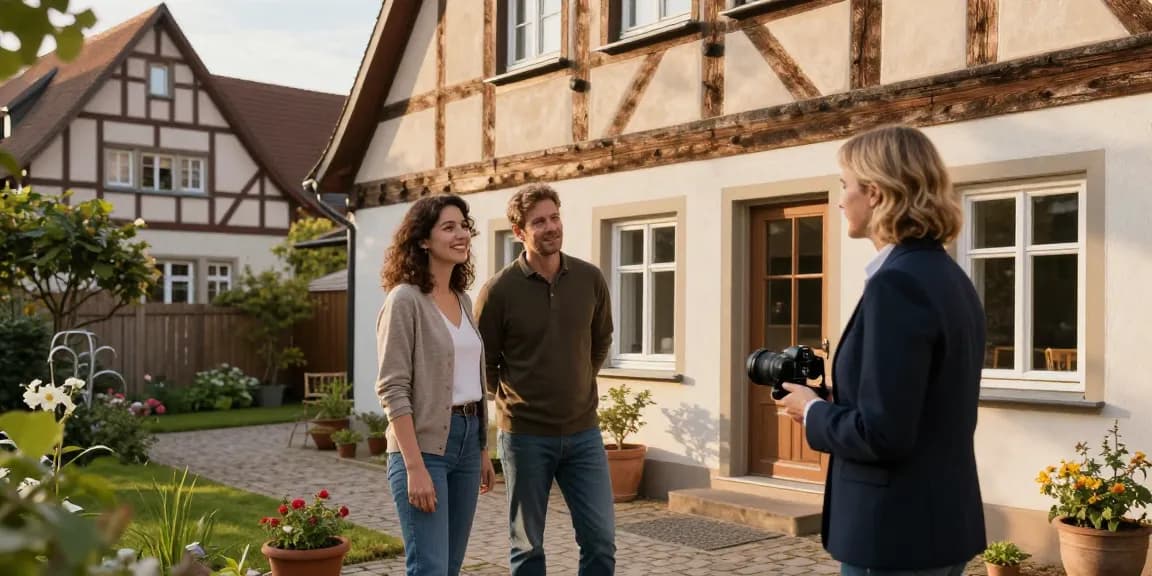 Immobilienmakler Reutlingen präsentiert charmantes Fachwerkhaus bei sonnigem Besichtigungstermin.