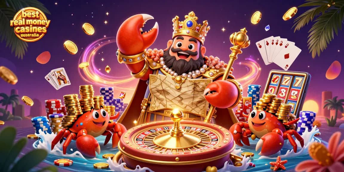 Engage with the best real money online casinos australia through an exciting 3D cartoon scene filled with casino elements.