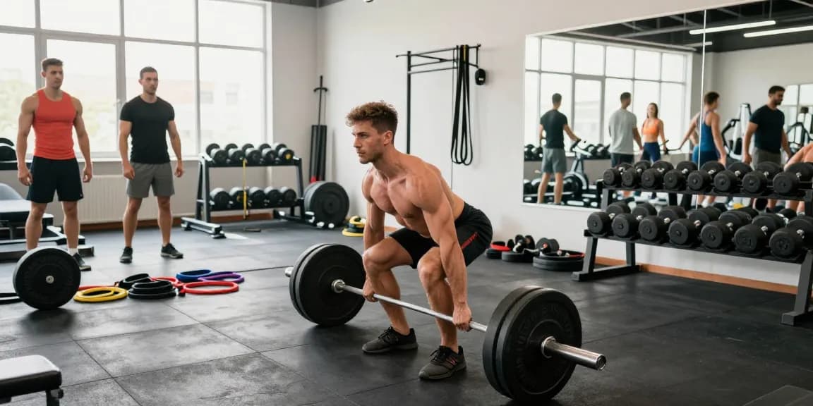 Anabolika Shop Deutschland: Bodybuilder hebt Gewichte in einem hellen Fitnessstudio und zeigt Kraft und Entschlossenheit.