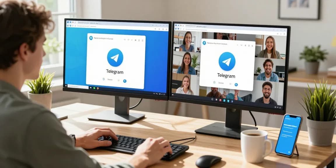 Accessing Telegram Web on a dual monitor setup in a modern home office, showcasing user connectivity and productivity.