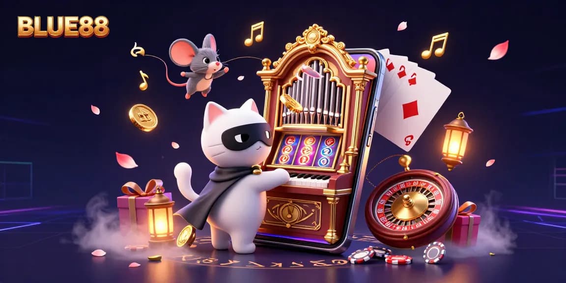 Engage with BLUE88's vibrant slot games amidst a whimsical 3D casino scene featuring a mystical cat and a mouse acrobat.