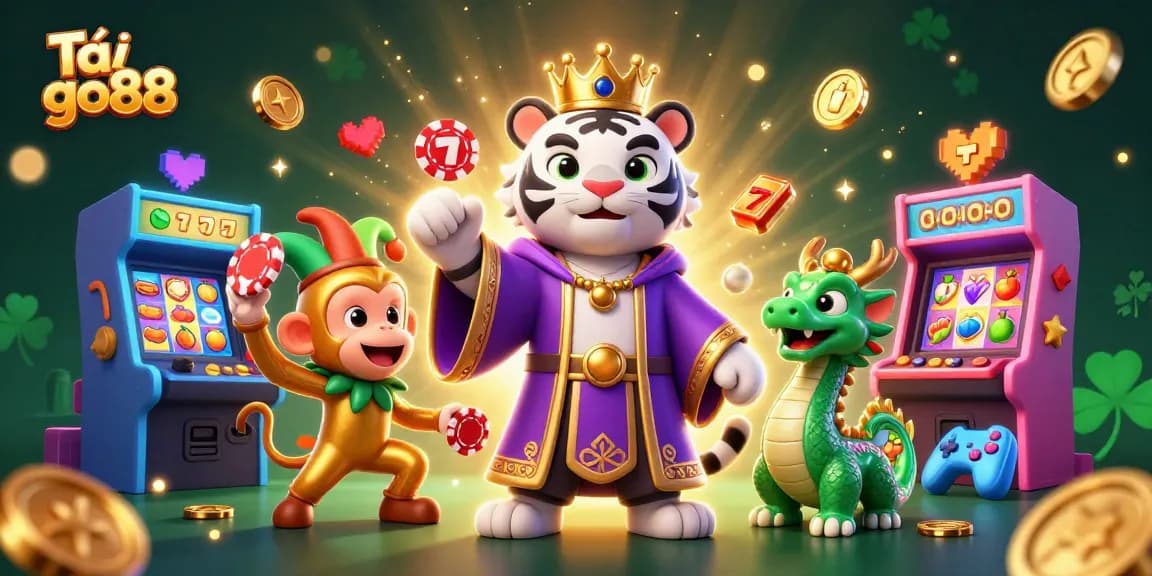 Tải go88 illustrates an exciting casino scene with a tiger, monkey, and dragon amidst slot machines.