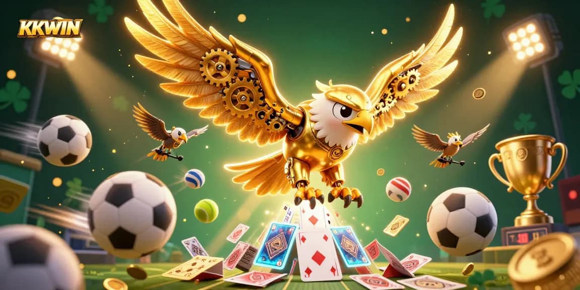 Experience the thrill of KKWIN with a dynamic 3D illustration showcasing a golden eagle amidst vibrant casino elements.