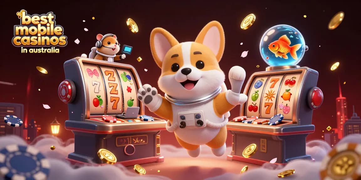 Enjoy exciting gameplay at the best mobile casinos in Australia, featuring a fun astronaut corgi in a lively space casino.