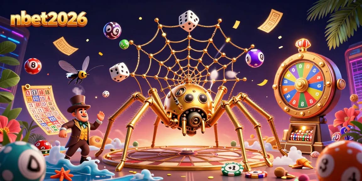 Engage with nbet2026's exciting world as a golden spider ensnares dice amidst vibrant gambling elements.