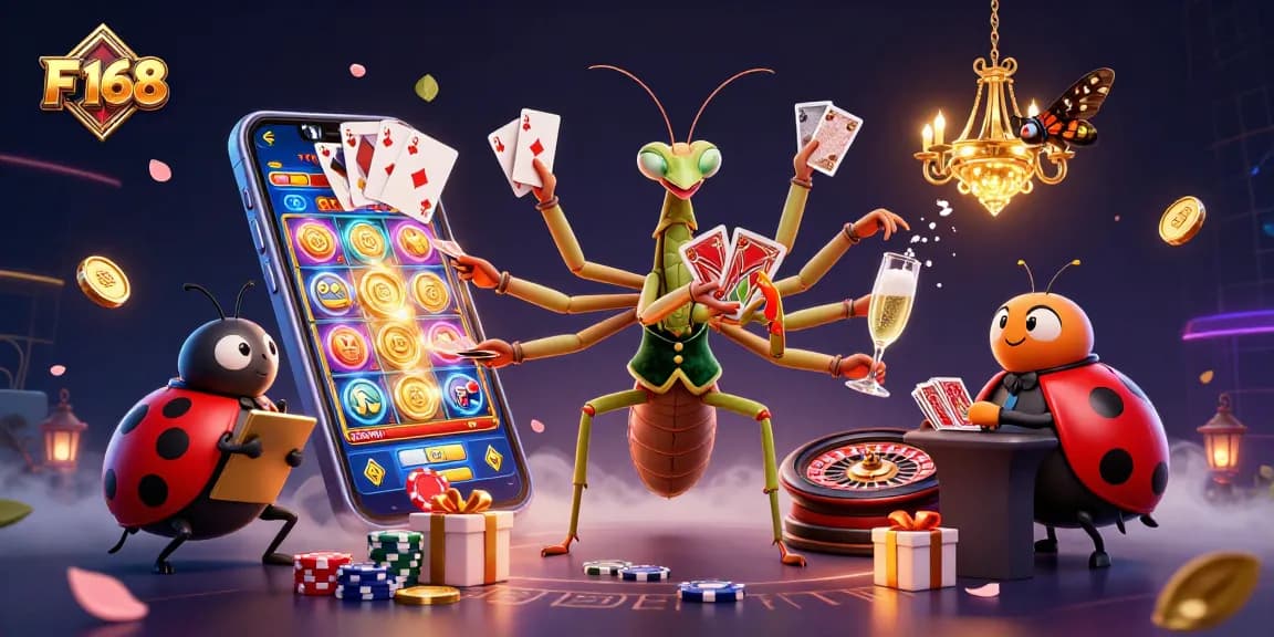 Experience the excitement of F 168 with a vibrant casino scene featuring card games and dynamic gaming elements.