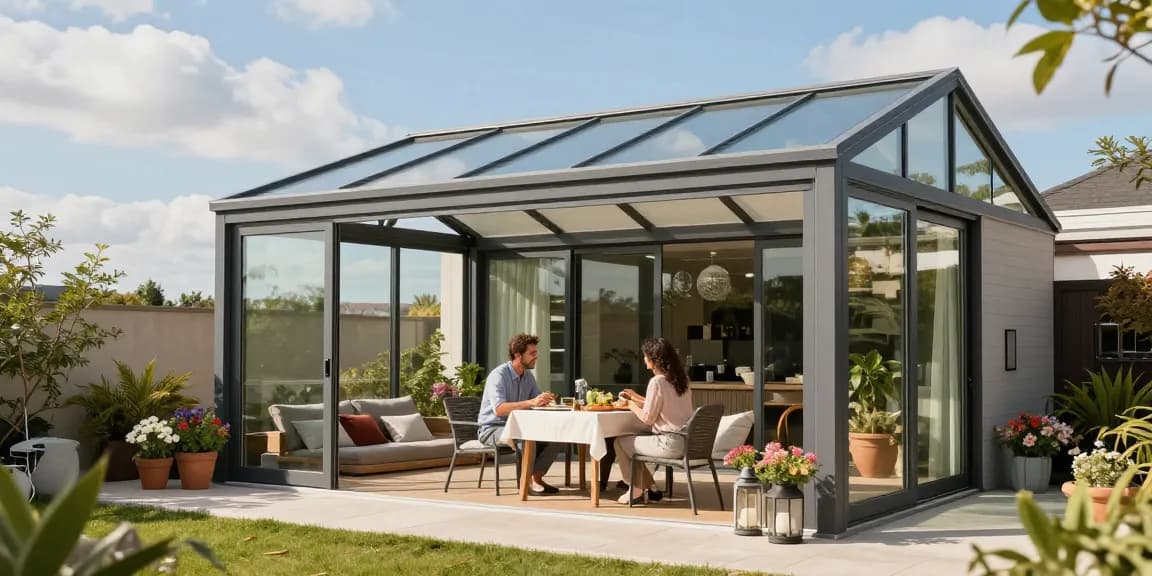 Freistehende Terrassenüberdachung mit elegantem Design und freundlichem Ambiente im Garten.